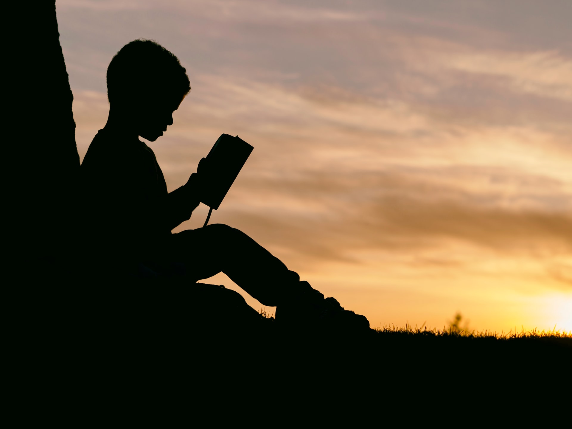 A boy reading a book on sun set.